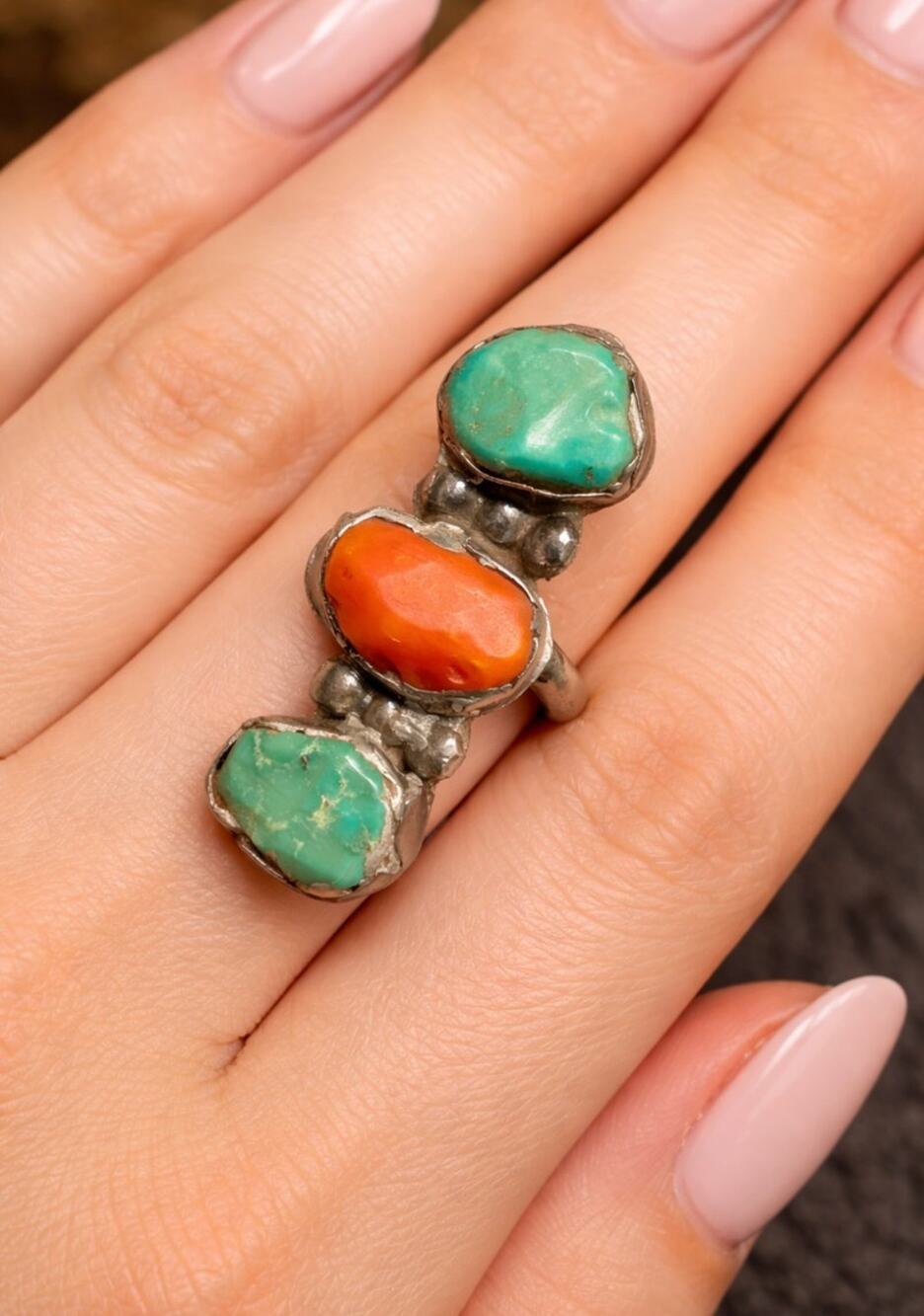 Vintage Sterling Silver Turquoise Coral Ring Long Southwest Statement Size 8.5